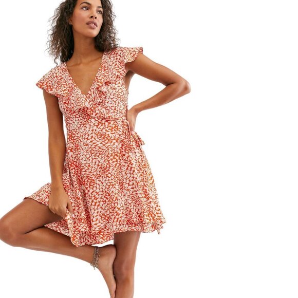 We the Free Mini Dress Womens Size S/P Orange French Quarter Leopard Wrap Girly - Picture 3 of 15